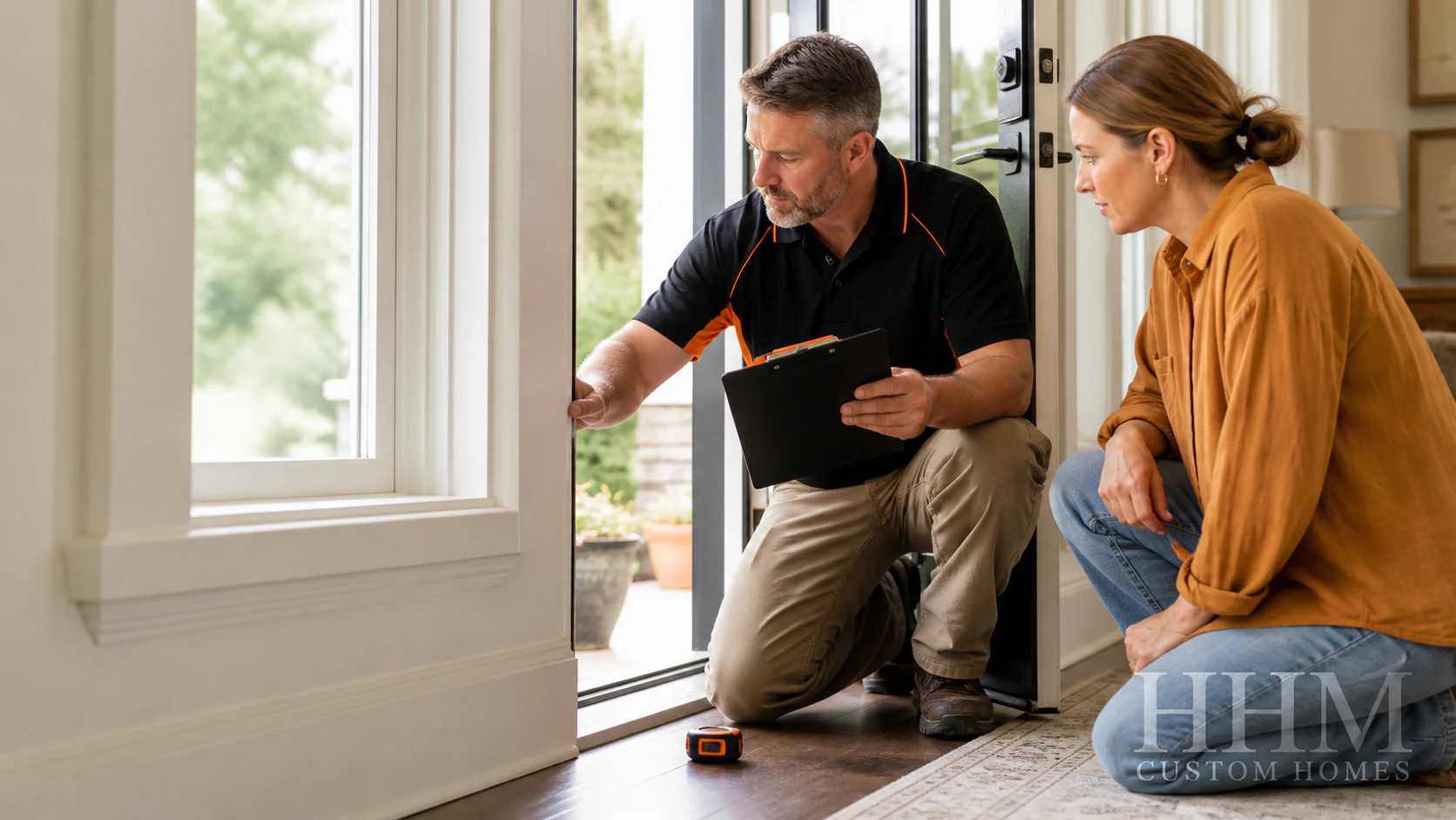 A homeowner and construction professional inspecting an exterior door and nearby window