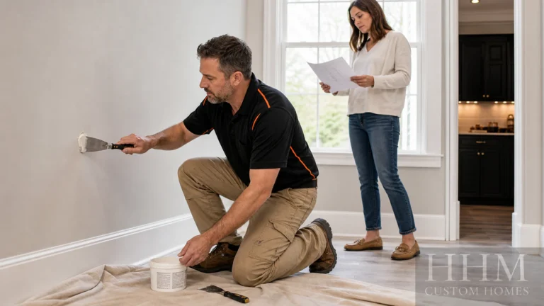 A construction professional applying patch compound to a small wall repair while a homeowner reviews the plan