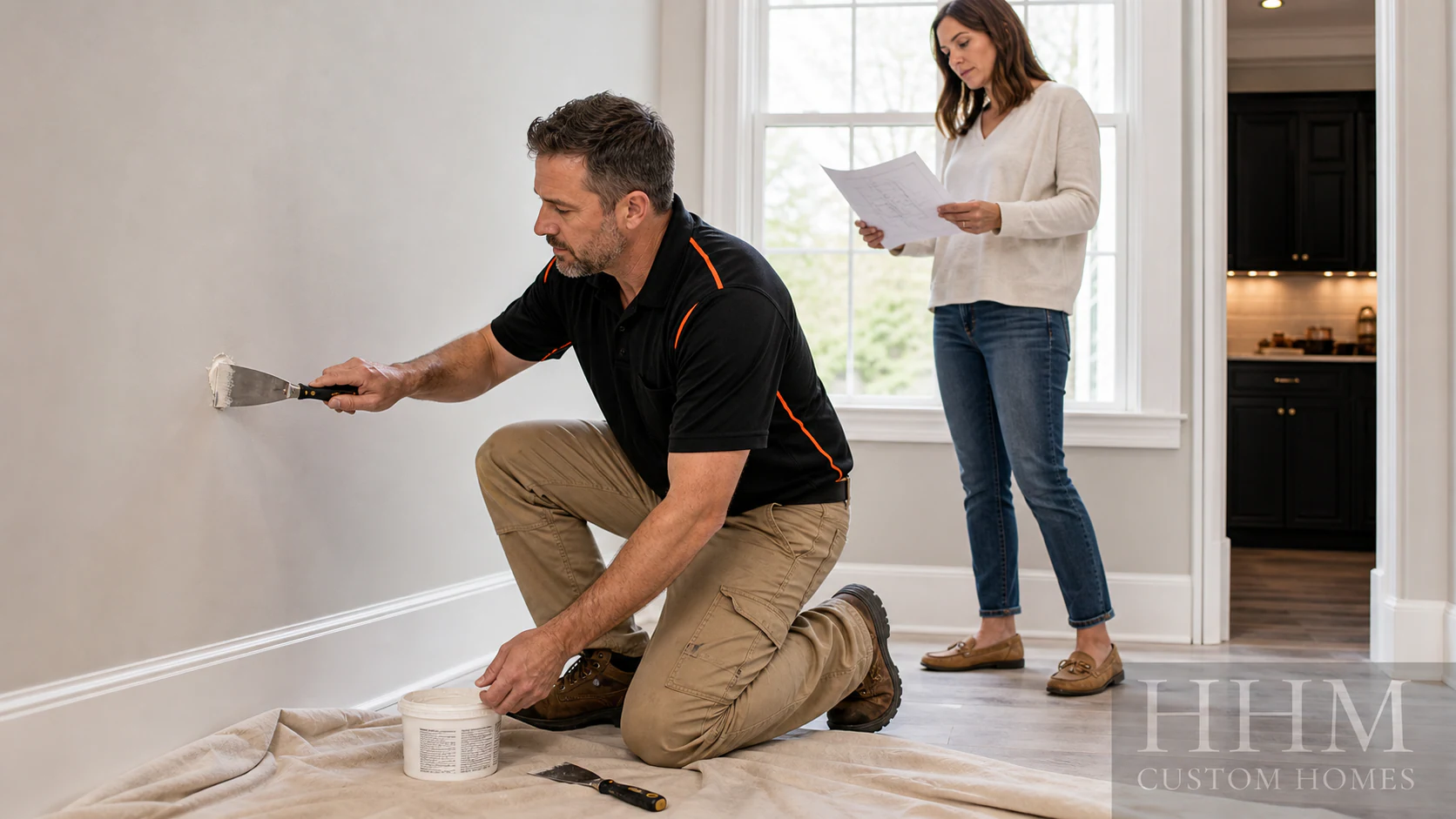 A construction professional applying patch compound to a small wall repair while a homeowner reviews the plan