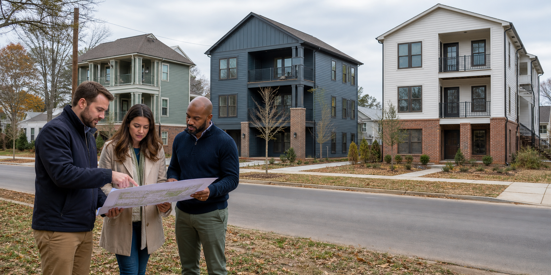 An HHM property review comparing a duplex, triplex, and small multifamily development plan