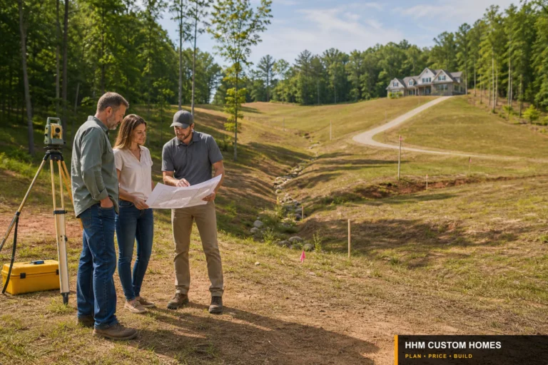 Homeowners, a surveyor, and a civil professional reviewing slope, drainage, soil, and driveway planning on a Carolina lot.