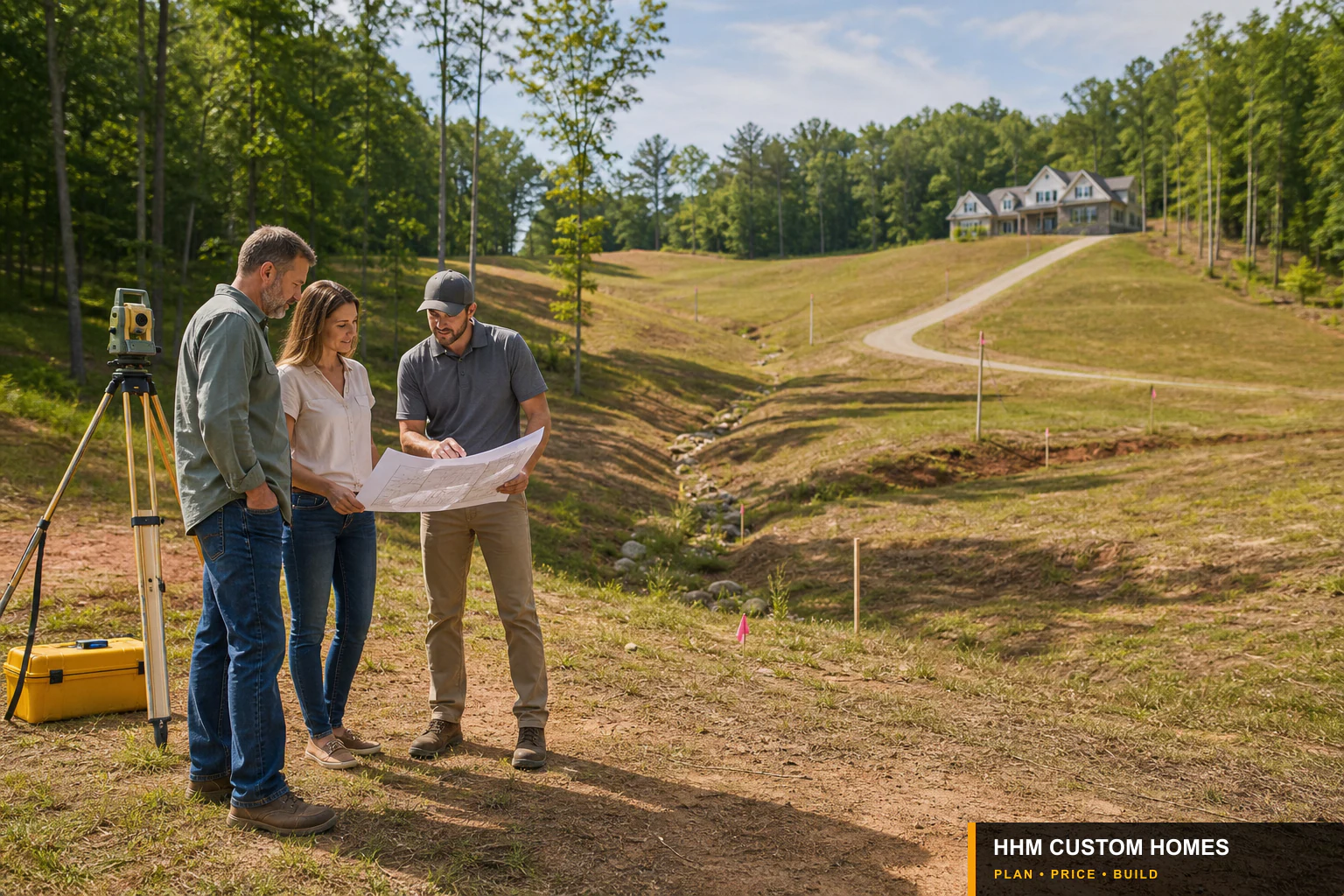 Homeowners, a surveyor, and a civil professional reviewing slope, drainage, soil, and driveway planning on a Carolina lot.