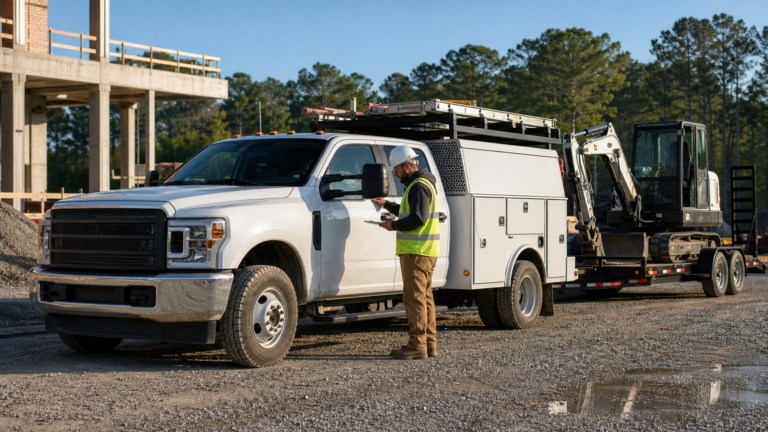 Tire technician reviewing a heavy-duty service-body work truck and equipment trailer at a Carolina construction staging area