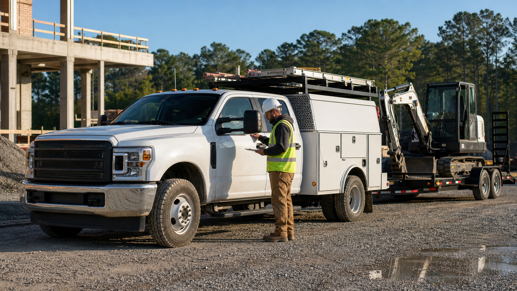 Tire technician reviewing a heavy-duty service-body work truck and equipment trailer at a Carolina construction staging area