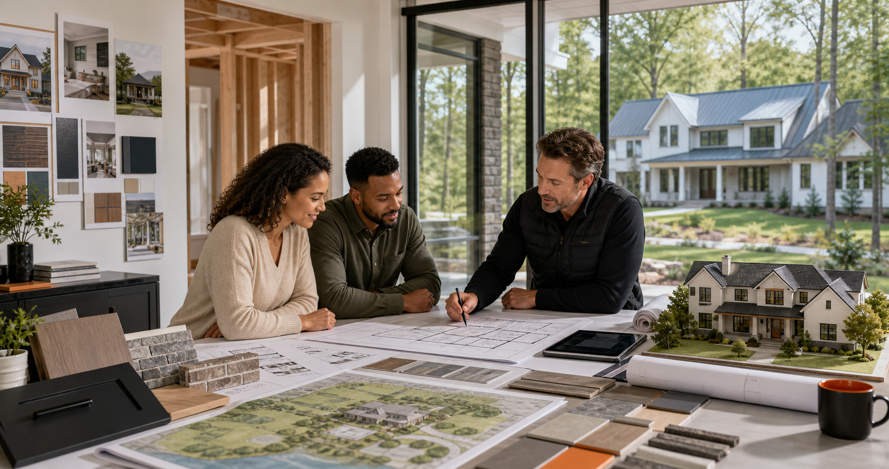 Homeowners and an HHM construction professional reviewing project plans and budget information.