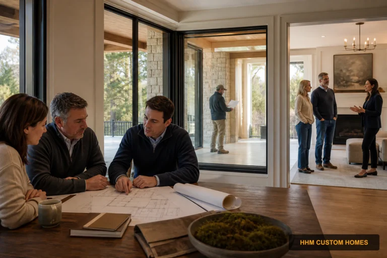 A residential project team reviewing planning, construction coordination, and walkthrough stages