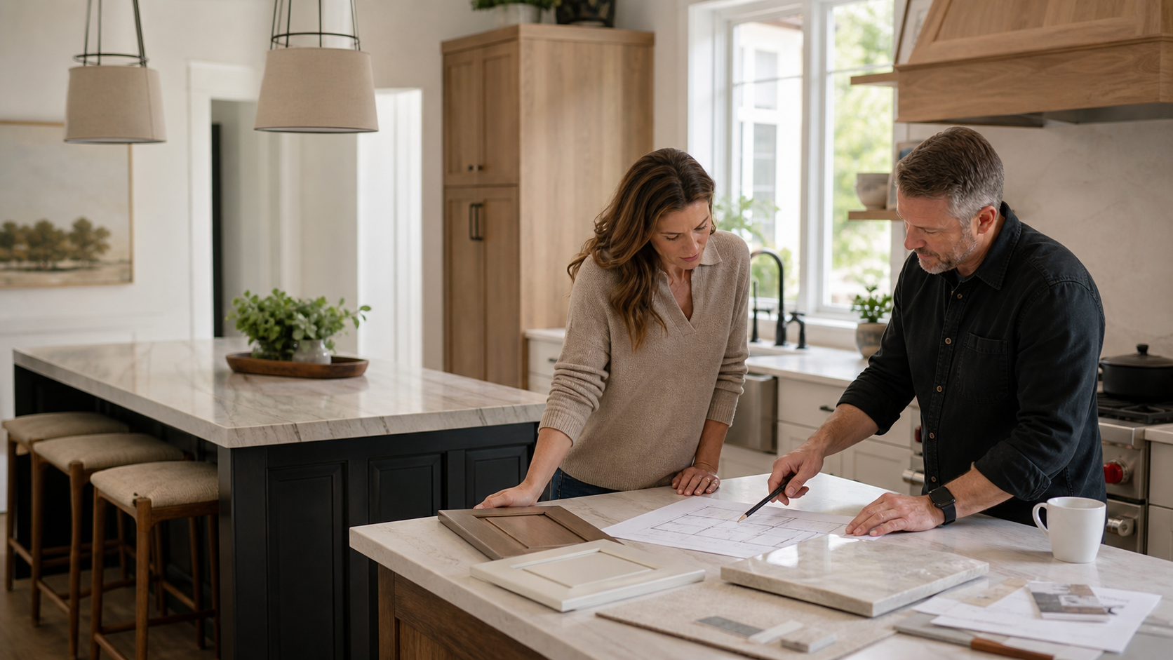 Homeowner and HHM specialist reviewing a kitchen layout, cabinet finishes, and installation plan.