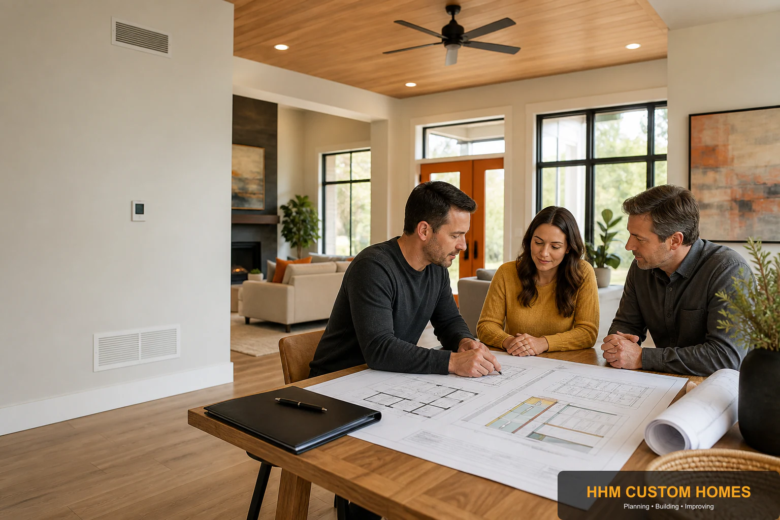 A residential design and mechanical team reviewing a high-performance Carolina home comfort plan