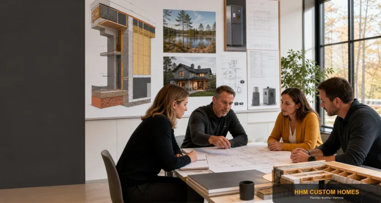A residential design and construction team reviewing high-performance home systems for a Carolina project