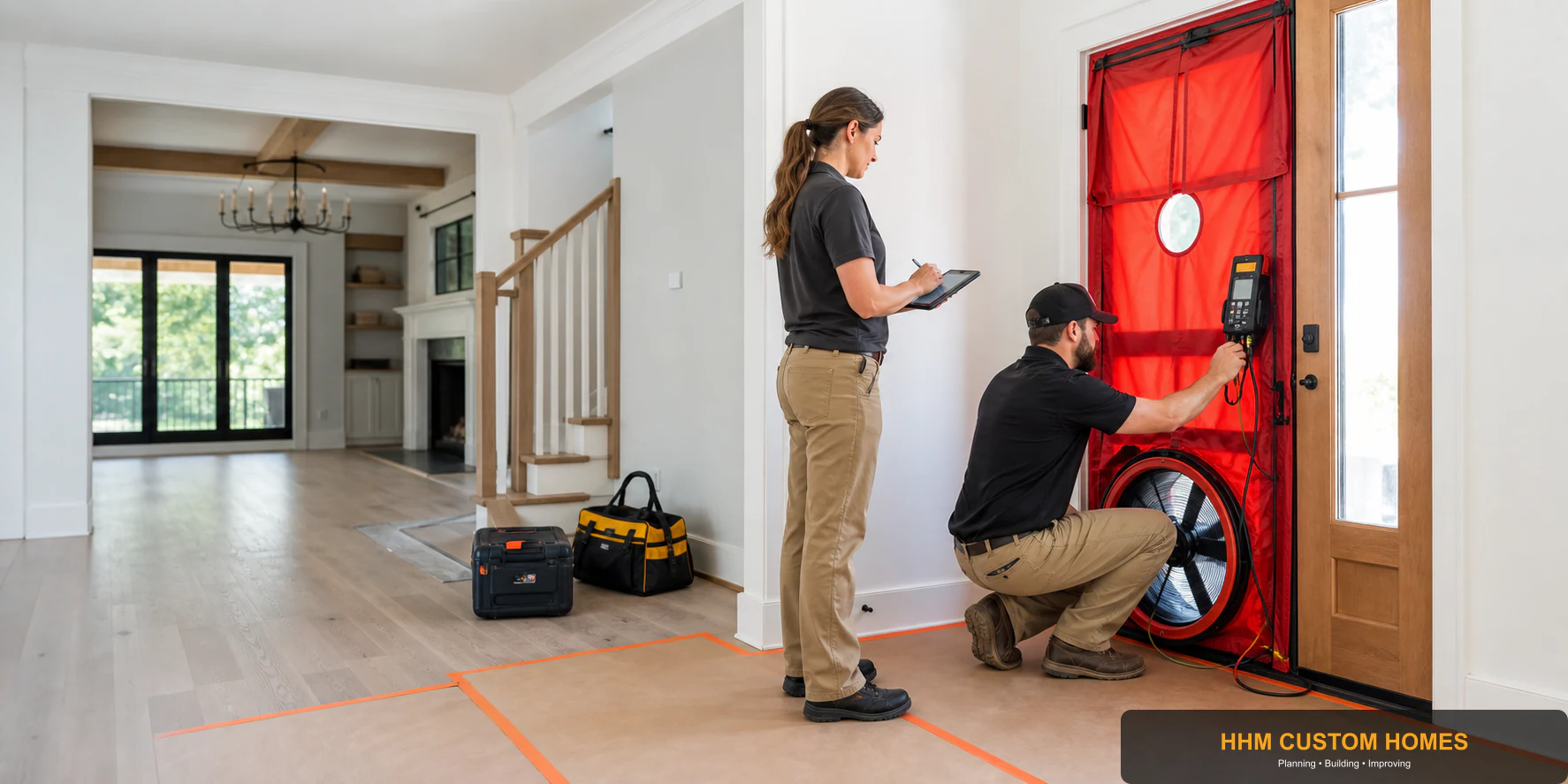 A home-performance team conducting documented testing in a newly built Carolina home