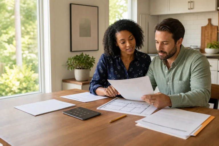 Carolina homebuyers reviewing a home inspection report, repair proposal, house plans, and calculator at a kitchen table.