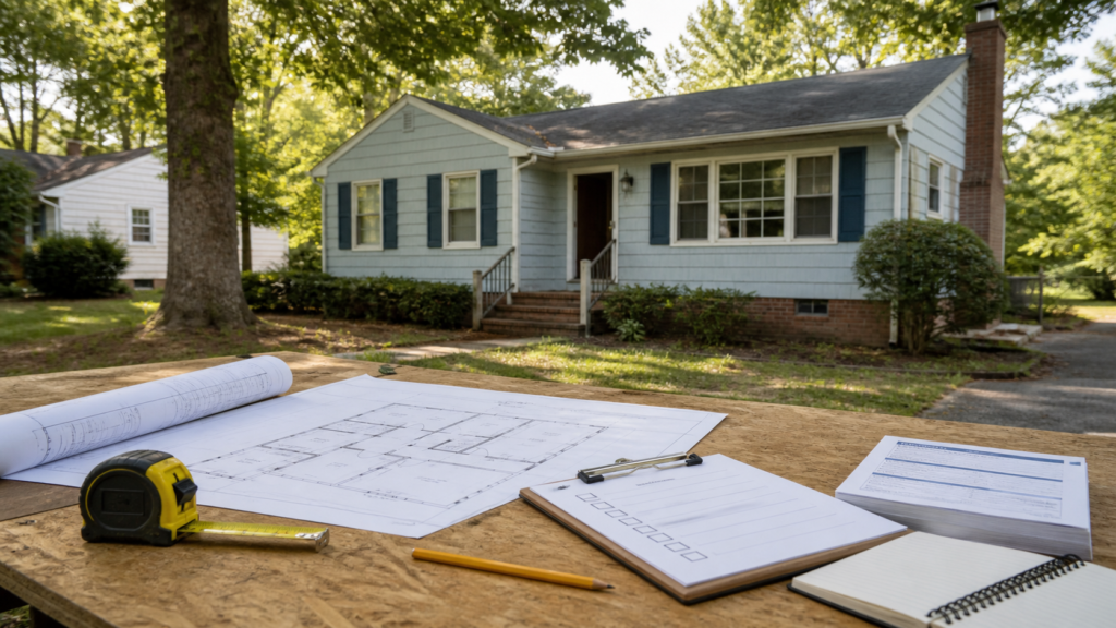 North Carolina renovation property reviewed with a floor plan, inspection notes, scope worksheet, and permit checklist
