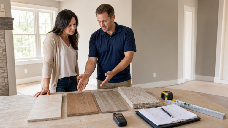 Homeowner and flooring professional comparing tile, wood, resilient flooring, and carpet samples over a Carolina home plan