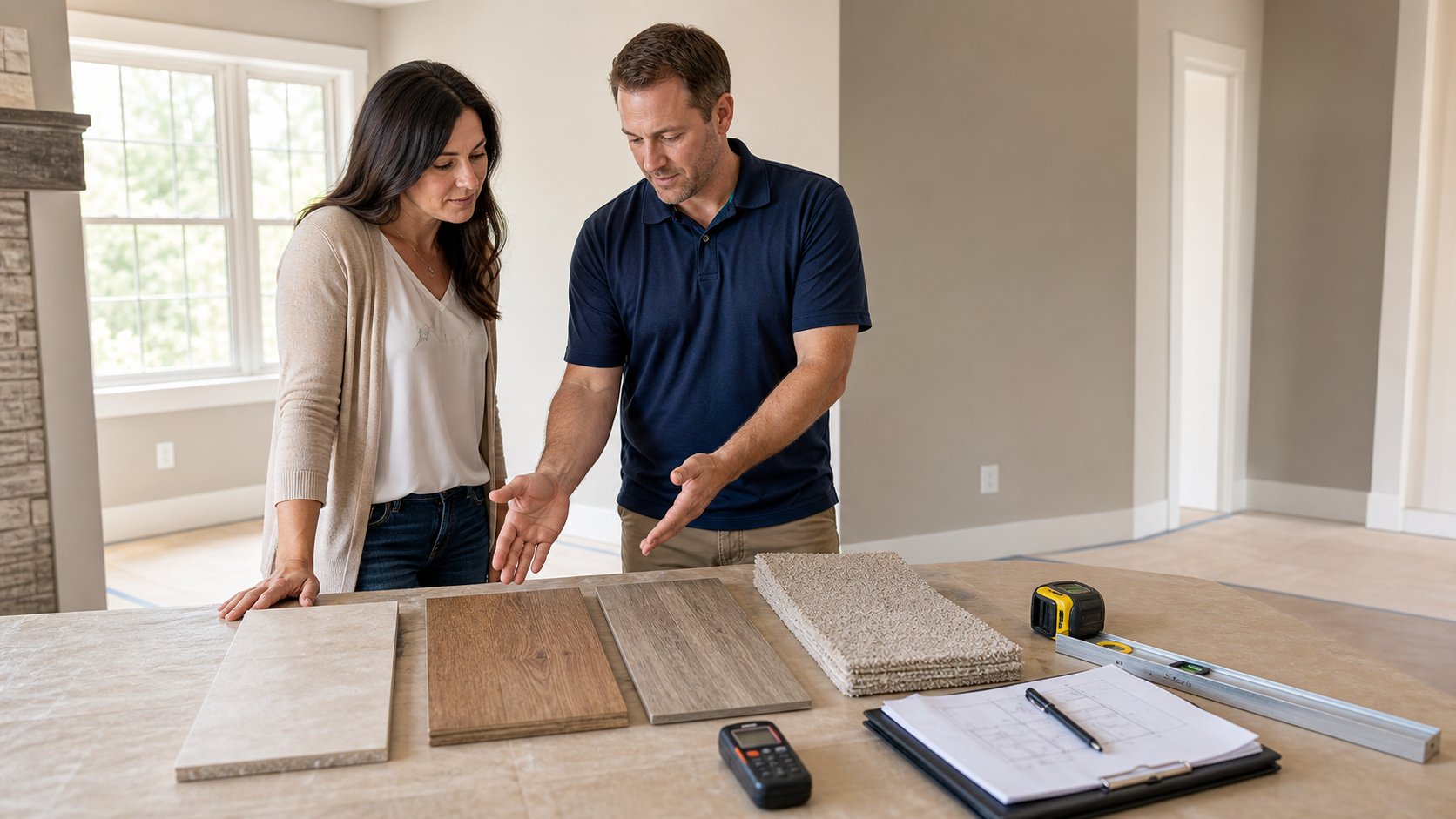 Homeowner and flooring professional comparing tile, wood, resilient flooring, and carpet samples over a Carolina home plan