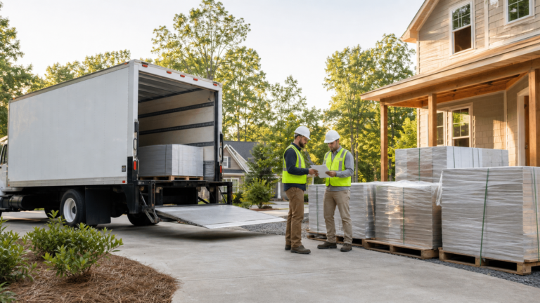Construction team verifying boxed project materials in a marked Carolina jobsite receiving area