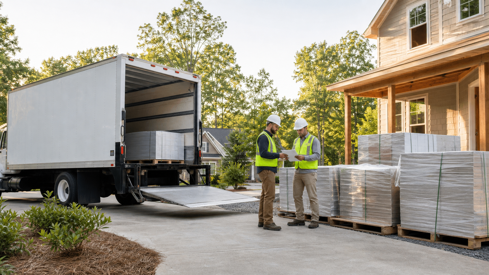 Construction team verifying boxed project materials in a marked Carolina jobsite receiving area