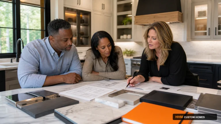 Homeowners and a kitchen professional reviewing cabinet elevations, appliance specifications, and finish samples