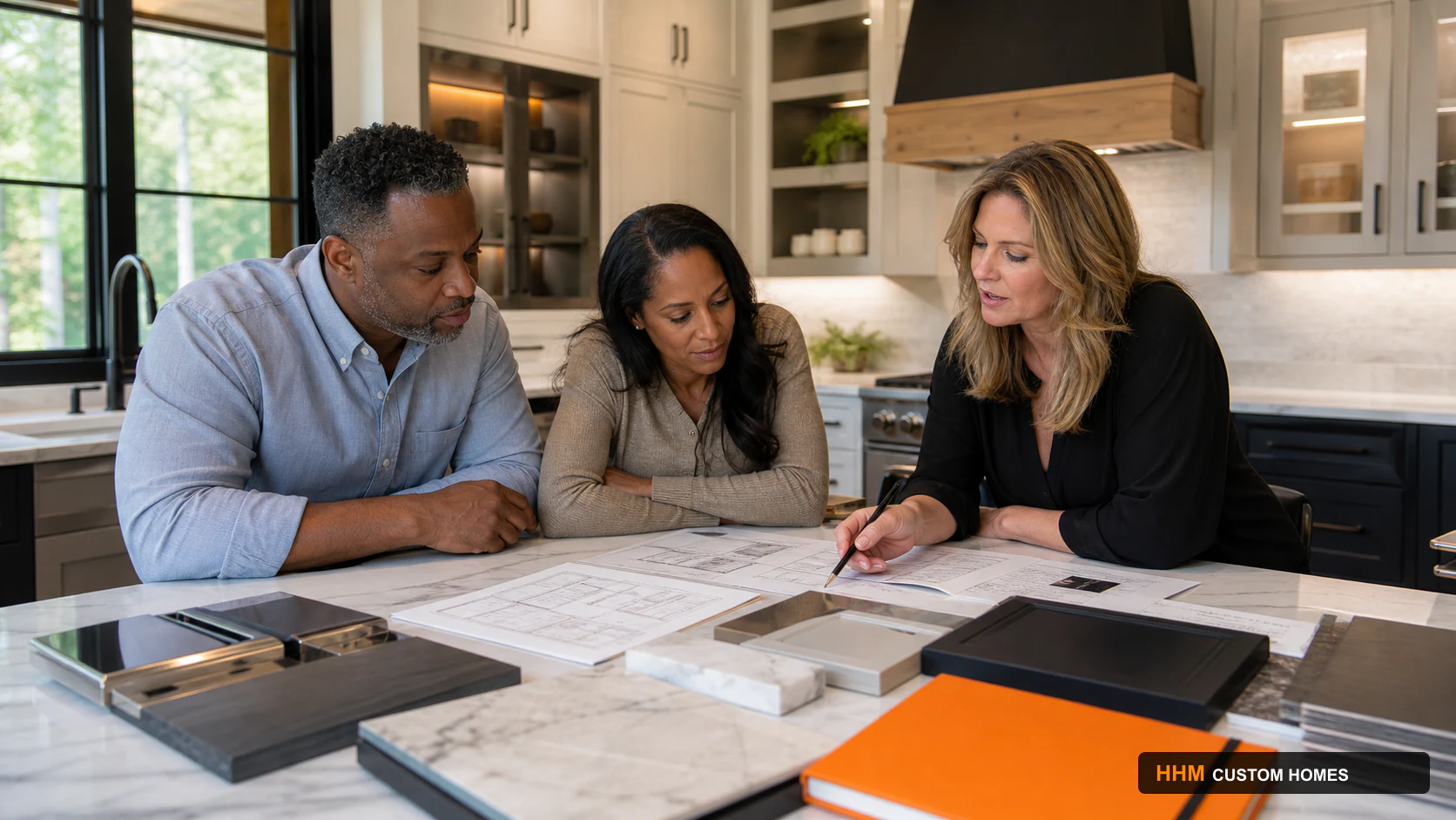 Homeowners and a kitchen professional reviewing cabinet elevations, appliance specifications, and finish samples