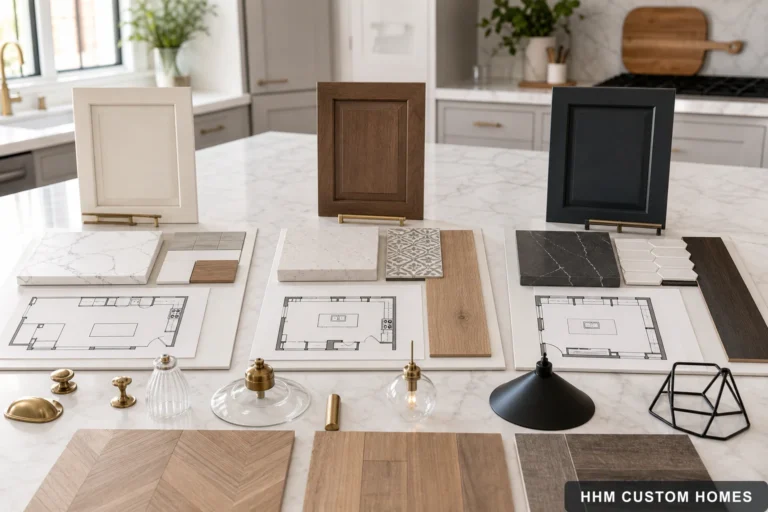 Three kitchen remodel proposals compared with cabinet, countertop, appliance, and flooring plans