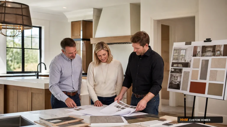 Homeowners and a kitchen professional coordinating a kitchen layout, product specifications, and project sequence