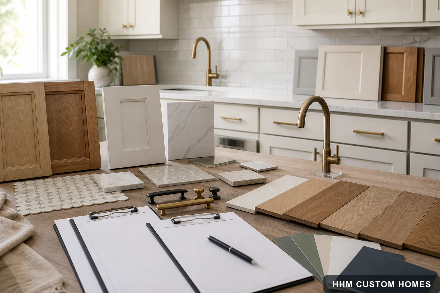 Kitchen cabinets, counters, backsplash, hardware, fixtures, and flooring arranged with a selection log