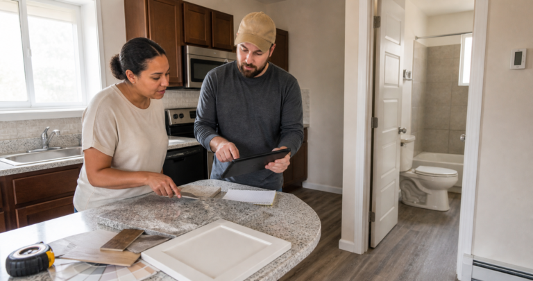 An HHM property plan comparing repeatable kitchen and bathroom renovation scopes across several apartment units