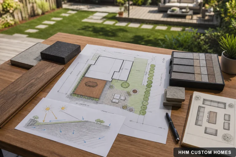 Outdoor-living site plan with property measurements, drainage notes, and material samples