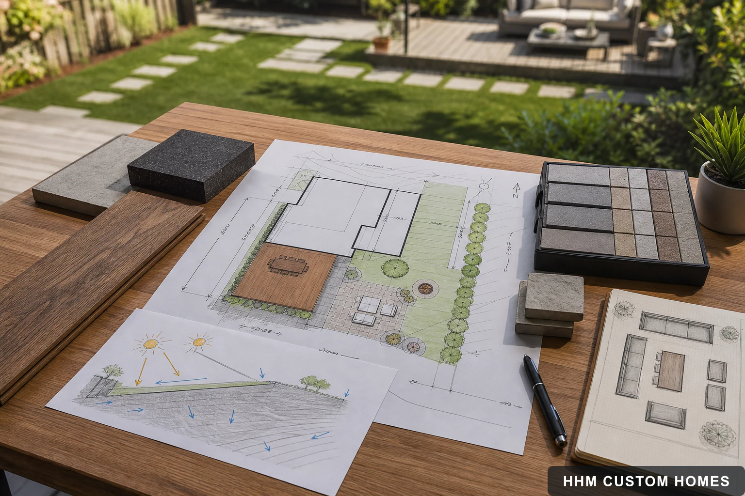 Outdoor-living site plan with property measurements, drainage notes, and material samples