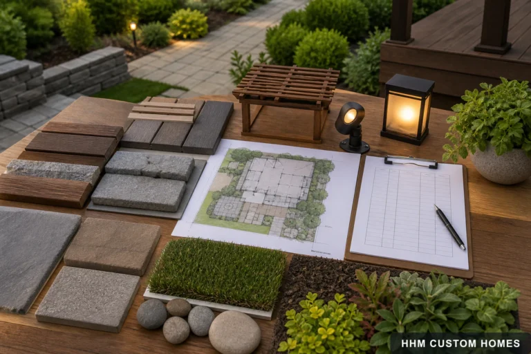 Outdoor project plans, finish samples, lighting, landscape details, and an organized decision log