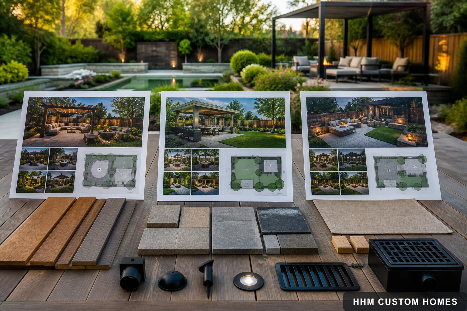 Three outdoor-living proposals compared with decking, paver, lighting, shade, and drainage samples