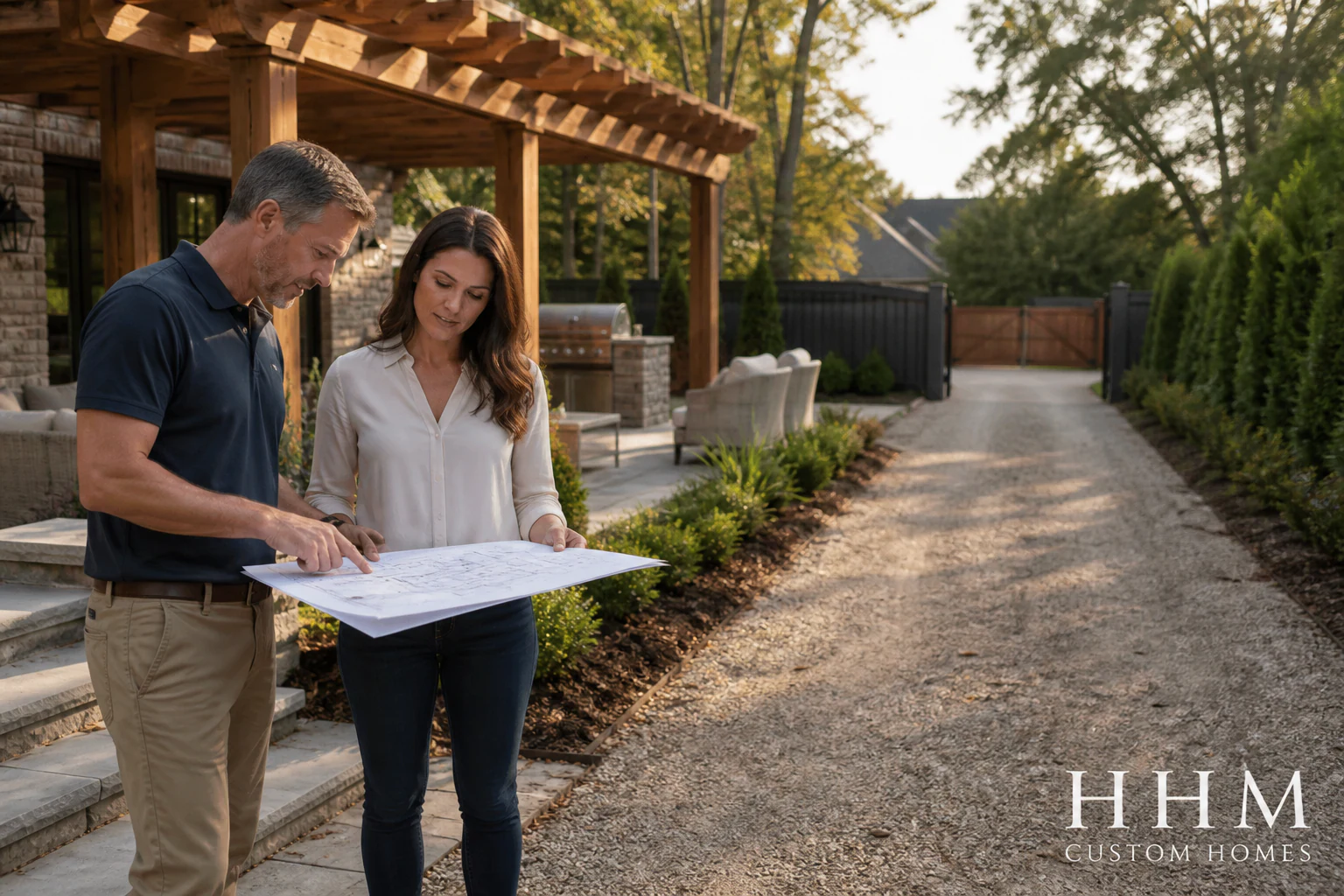 A homeowner and construction professional reviewing an outdoor-structure plan beside a pergola and delivery access route