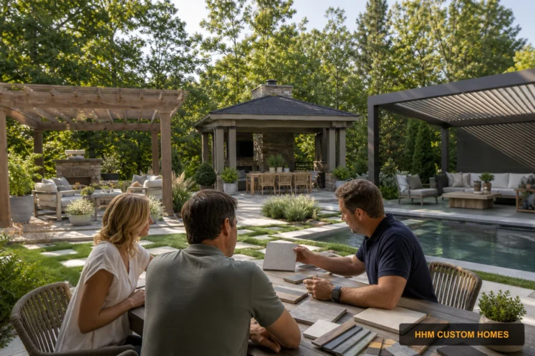 A residential project team comparing pergola and pavilion plans for a Carolina backyard