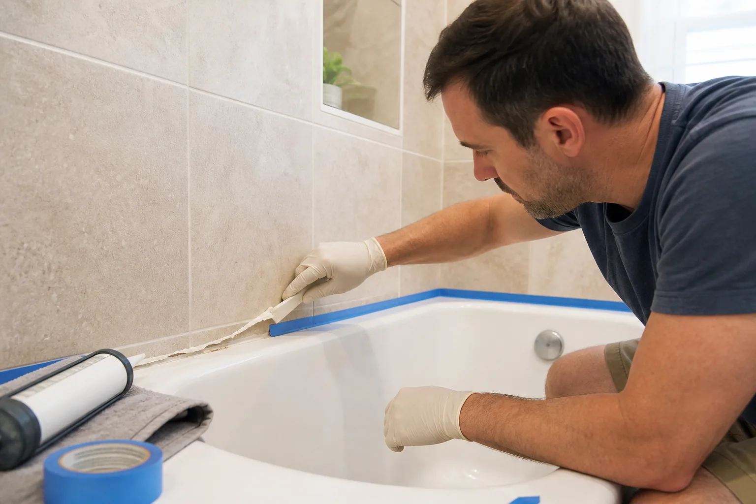 A gloved homeowner removing a failed caulk bead from a dry bathtub-to-tile joint