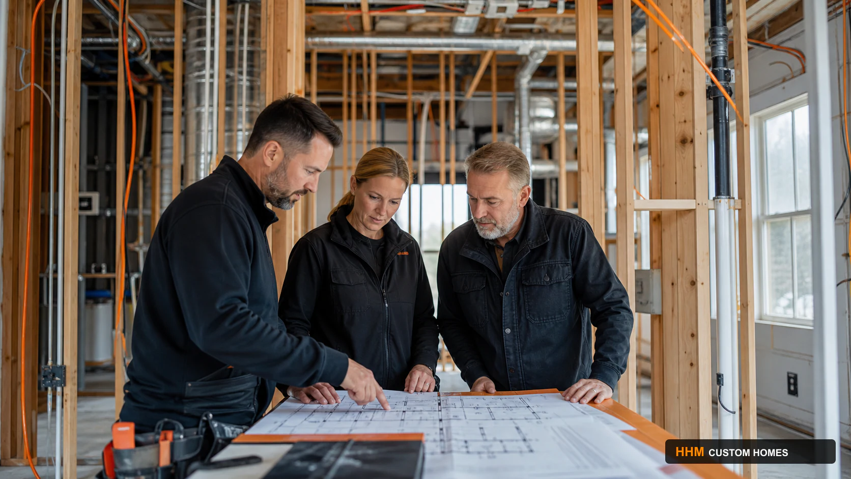 Renovation professionals coordinating electrical, plumbing, HVAC, cabinet, and wall layouts before finishes conceal the work