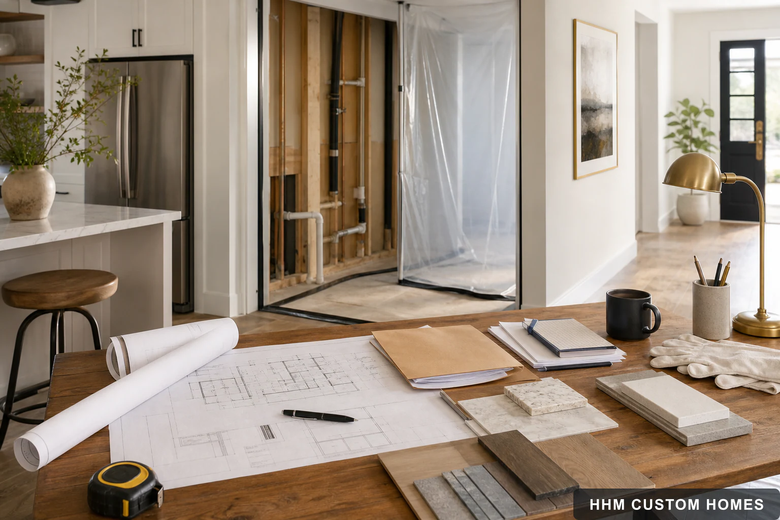 Renovation plans and material samples beside a safely contained wall inspection area