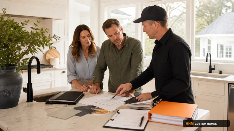 Homeowners and a renovation professional reviewing plans, selections, permits, and a preconstruction readiness checklist