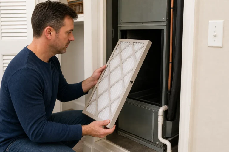 A homeowner aligning a pleated HVAC filter with the return-air slot beside an indoor air handler