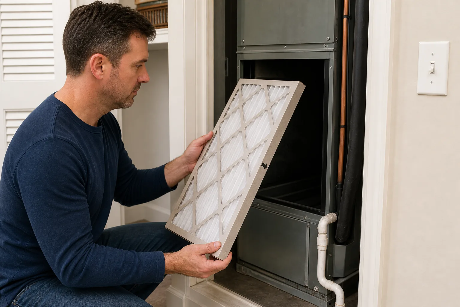 A homeowner aligning a pleated HVAC filter with the return-air slot beside an indoor air handler