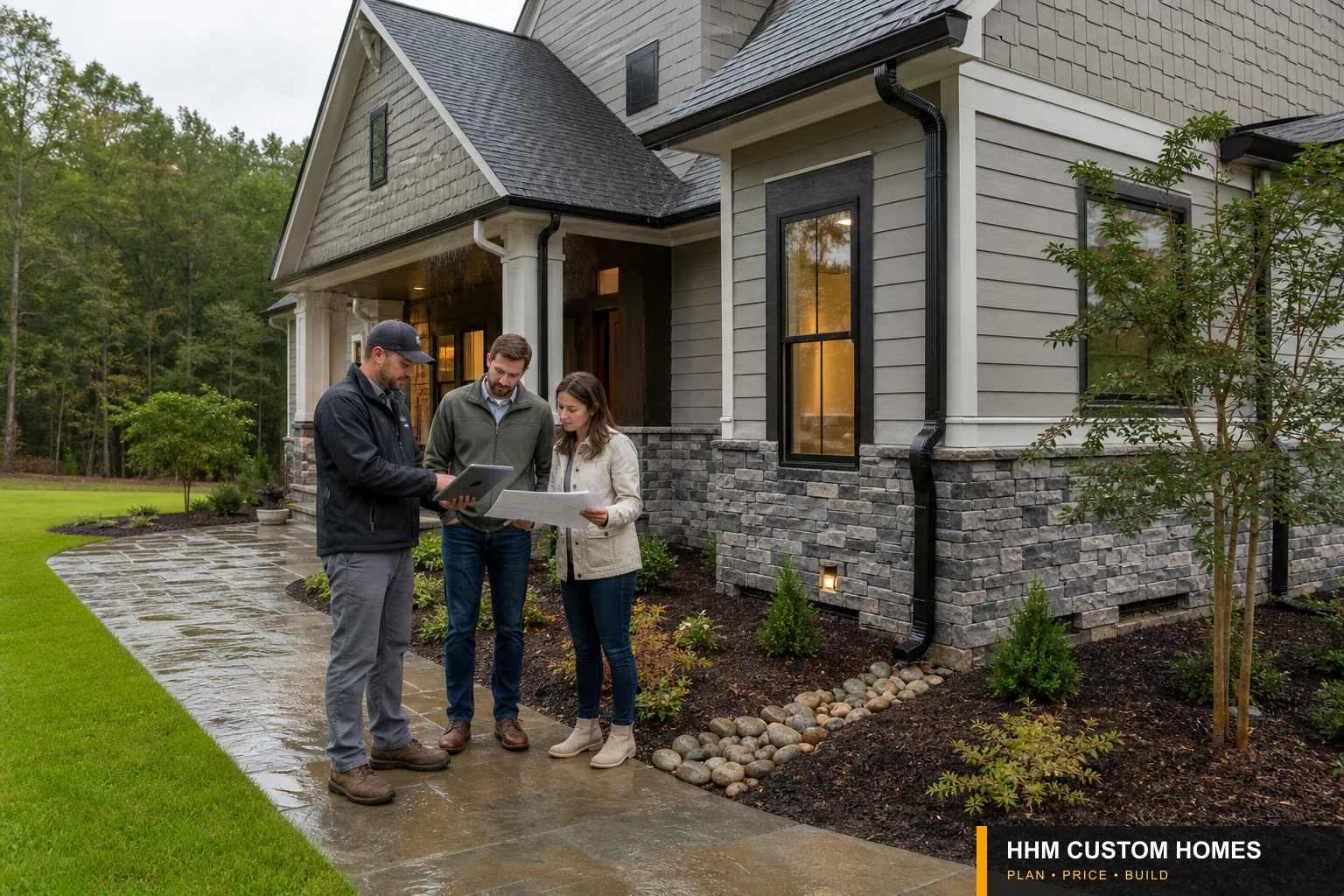 Construction professionals reviewing roof, gutter, downspout, wall, and site-drainage paths at a Carolina home.