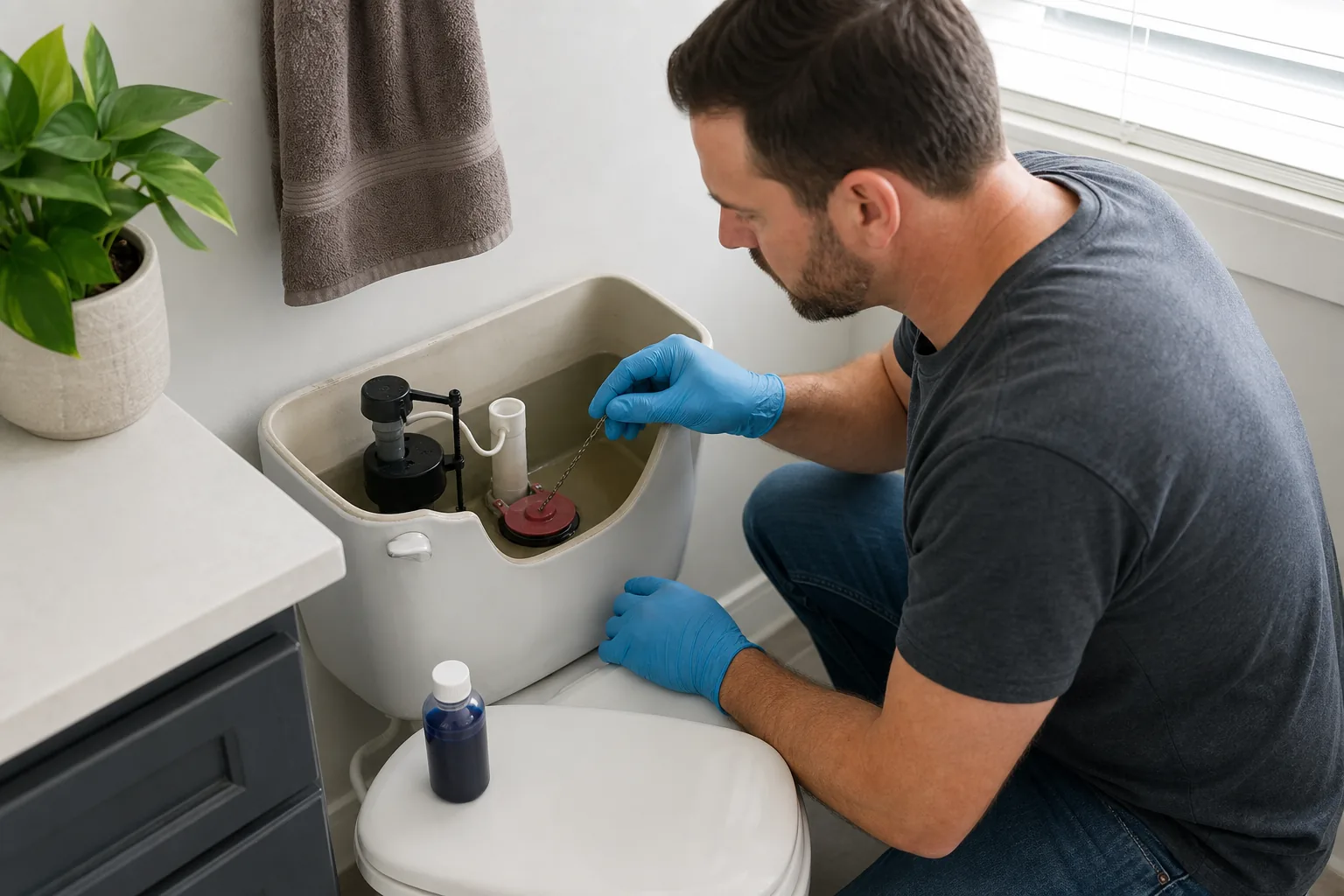 A gloved homeowner inspecting the flapper chain and water level inside a toilet tank