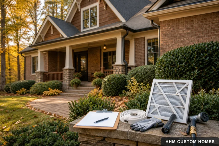 Carolina home with seasonal maintenance supplies organized for inspection
