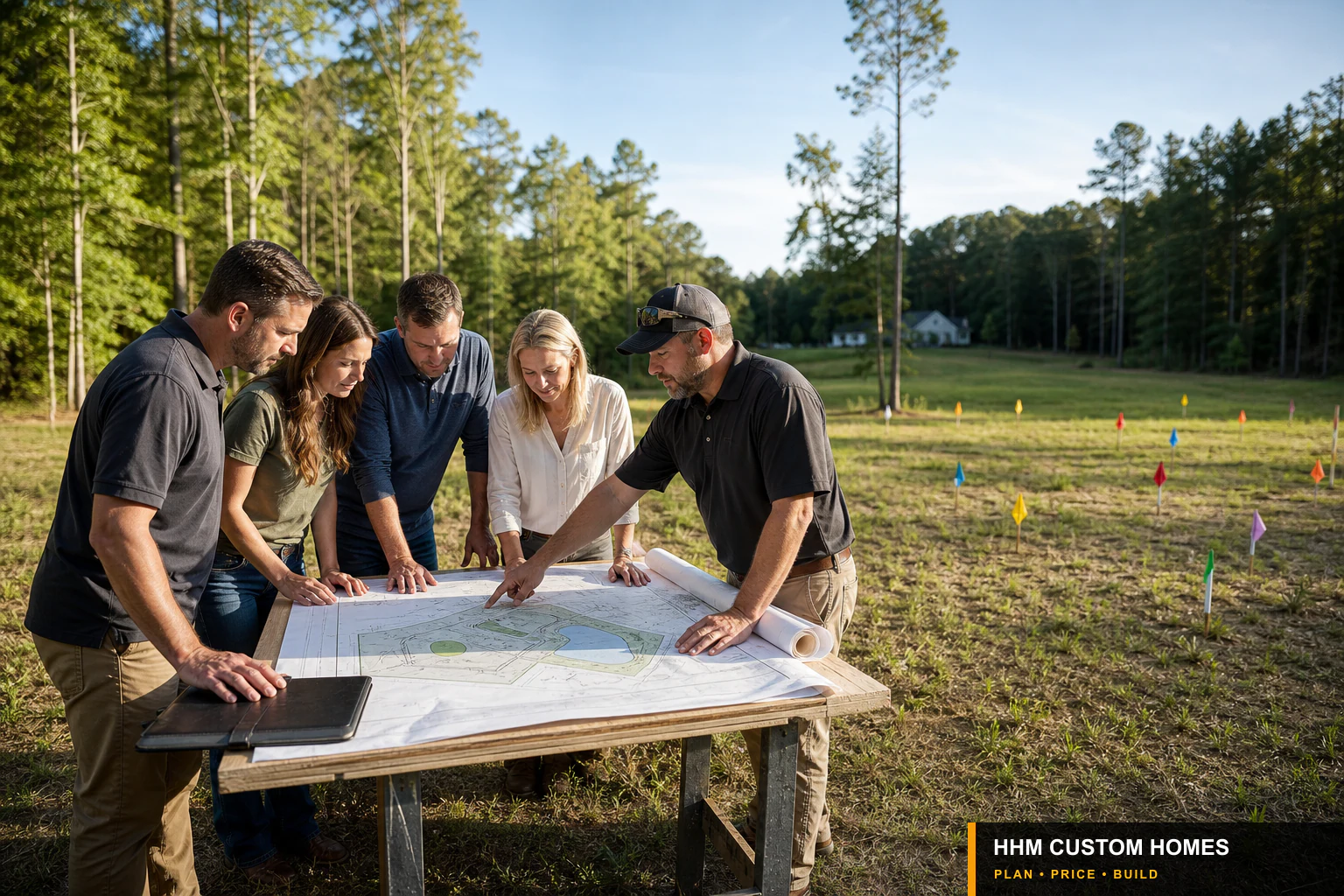 Homeowners and site professionals reviewing coordinated septic, well, water, sewer, power, and utility routes on a lot plan.