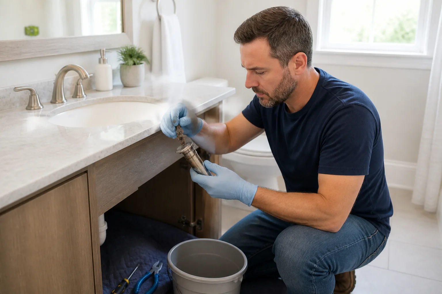 A gloved homeowner cleaning a bathroom sink pop-up stopper above a bucket