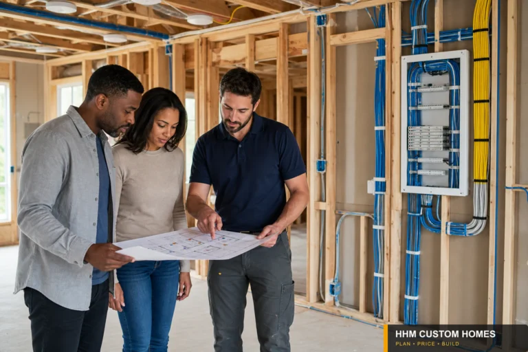 Homeowners and a technology professional reviewing smart-home network, camera, access, and wiring locations on house plans.