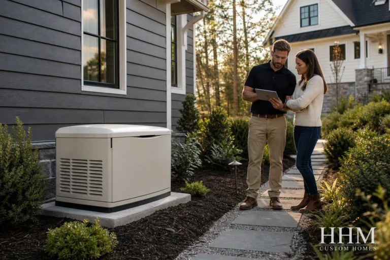 A homeowner reviewing standby-generator site planning with a construction professional