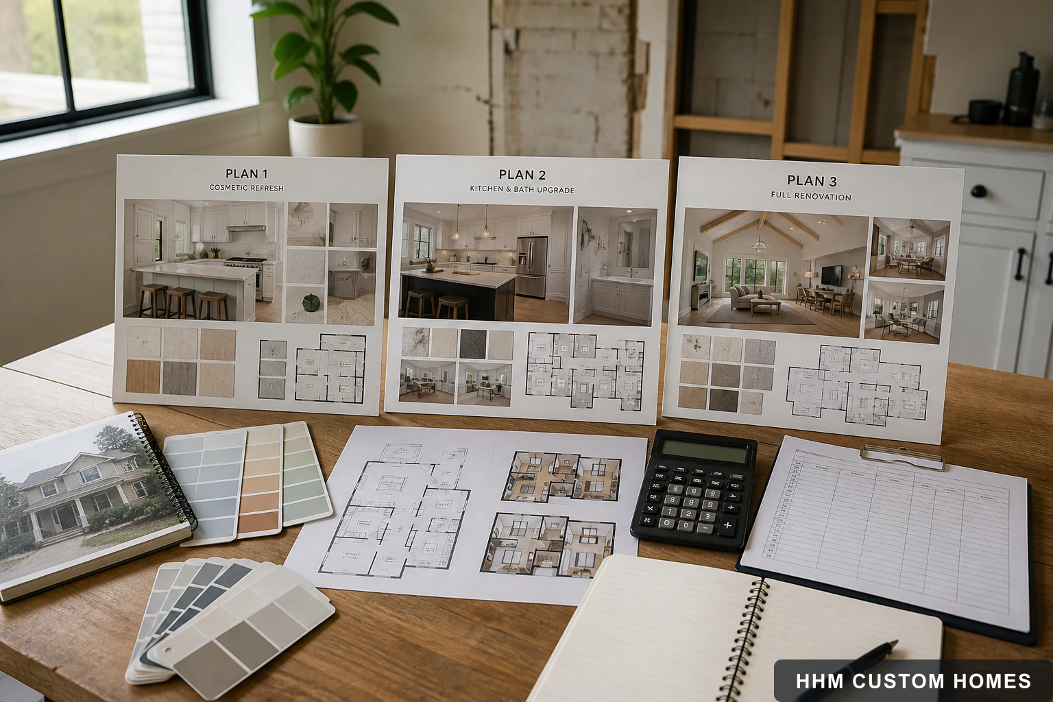 Three value-add renovation scenarios organized with property plans and financial worksheets