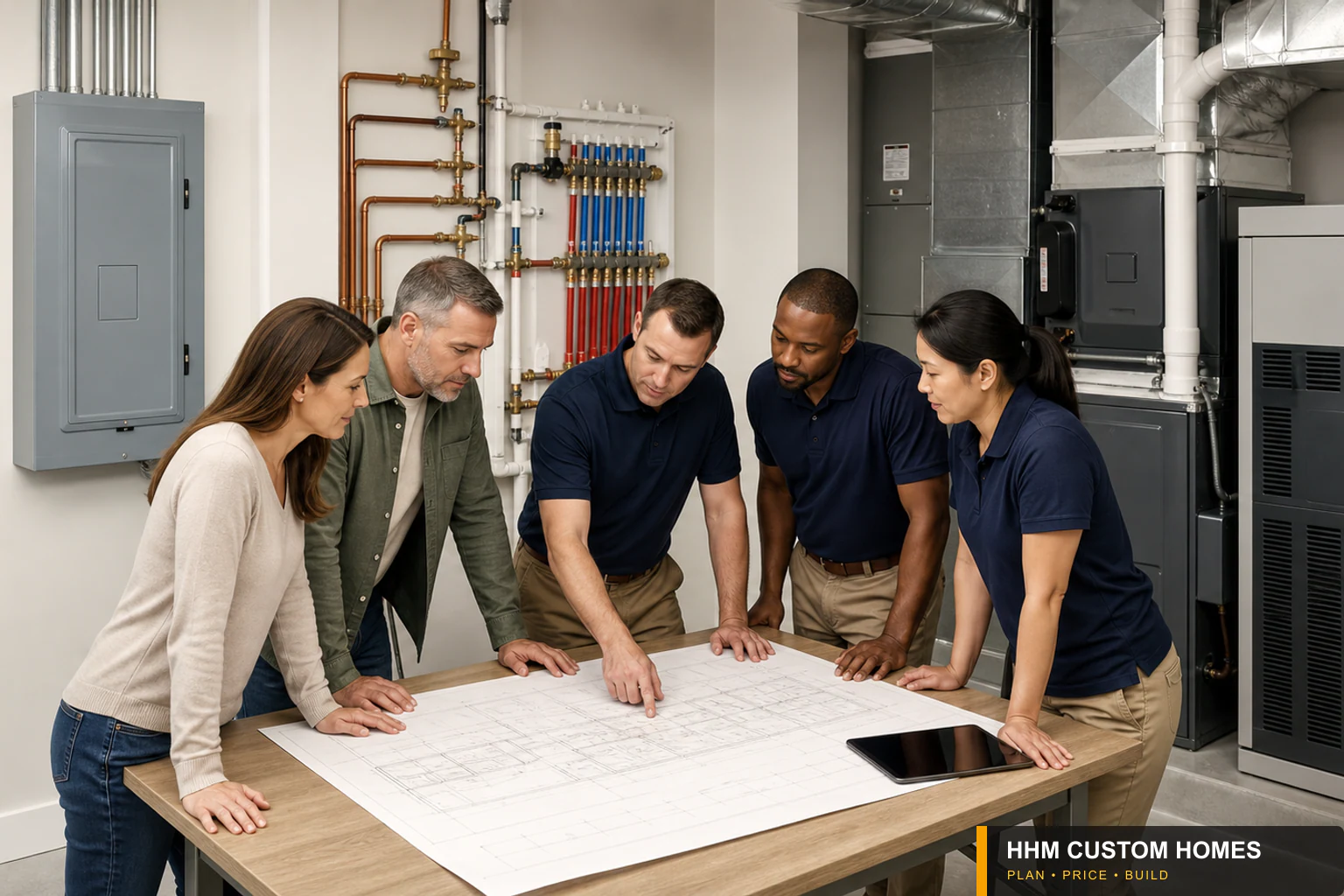 Homeowners and construction professionals reviewing coordinated electrical, plumbing, and HVAC replacement plans.