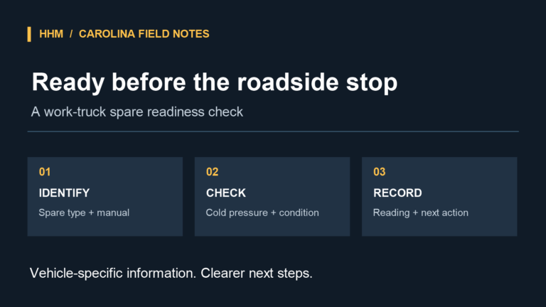 Editorial diagram showing a work-truck spare readiness sequence: identify the spare type and manual, check cold pressure and condition, then record the reading and next action.