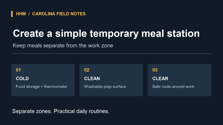 Editorial diagram showing a temporary meal-station plan with cold-food storage and thermometer, a washable preparation surface, and a clear route that stays outside the work zone.